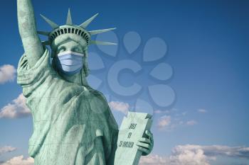 Coronavirus  COVID 19 in USA United States. Statue of Liberty in face medical mask. Support of american doctors. 3d illustration