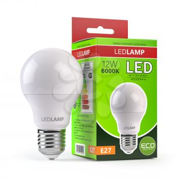 Led lamp with package box isolated on white. Energy efficient light bulb. 3d illustration