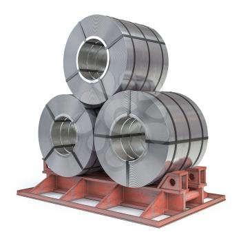 Steel sheet rolls isolted on white. Production, delivery and storage of metal products. 3d illustration