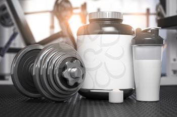 Whey protein can with dumbbell and shaker on the floor of gym. Mock up. Sports bodybuilding supplements and nutrition. 3d illustration