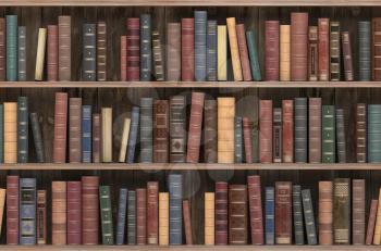 Vintage books on old wooden shelf. Old library or antique bookshop. Tiled seamless texture, wallpaper or background. 3d illustration