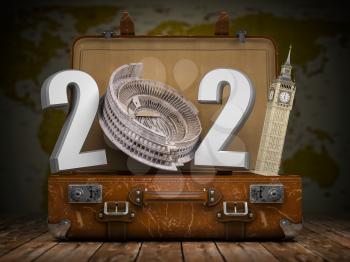 2021 Happy new year. Vintage suitcase with number 2021 as Coloisseum and Big Ben tower. Travel and tourism concept. 3d illustration