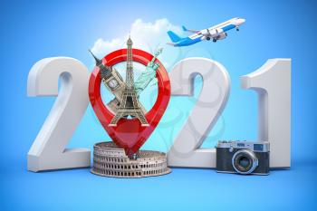 2020 Happy new year. Number 2020 and pin with most popular landmarks of the world. New year celebration in London, Paris, Rome or New York. 3d illustration