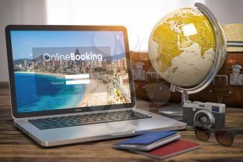 Online booking, travel destinations and tourism concept. Laptop, globe, passports, camera and other tourist accesoires. 3d illustration