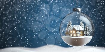 Christmas snow ball with house inside it and snowfall. 3d illustration
