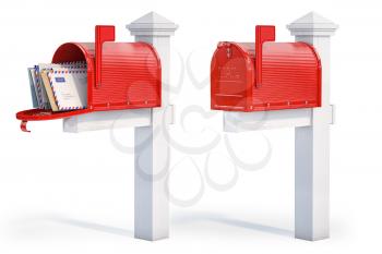 Open and closed mailbox with letters isolated on white background. 3d illustration