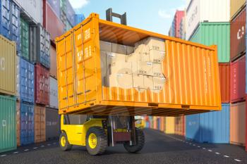 Cargo, shipment, delivery, logistics and freight transportation service. Cross section of  container with cardboard boxes loading by forklift in warehouse. 3d illustration