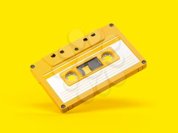 Yellow vintage audio cassette on yellow background. 3d illustration