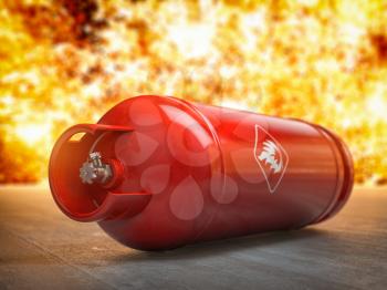 Gas tank or bottle on explosive flame and fire background. Danger of using gas concept, 3d illustration