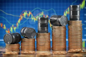 Oil barrels on stack of golden coins. Growth rise of oil stock prices. 3d illustration