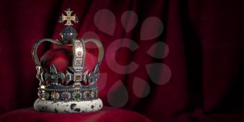 Royal golden crown with jewels on pillow on pink red background. Symbols of UK United Kingdom monarchy. 3d illustration