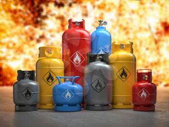 Gas tanks or bottles on explosive flame and fire background. Danger of using gas concept, 3d illustration