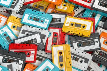 Heap of vintage audio cassettes. Retro music concept background. 3d illustration