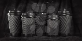 Black coffee cup of different types and sizes on black background. 3d illustration