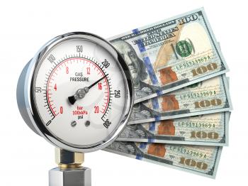 Gas pression gauge meter with dollar banknotes. Gas price and heating costs payment concept. 3d illustration