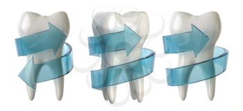 Tooth protection concept. Tooth with blue spiral arrow isolated on white. 3d illustration