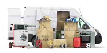 Delivery van full of household staff, boces and appliances. Moving to new house and family relocation concept. 3d illustration