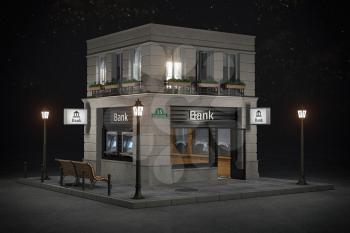 Bank branch office building at night. 3d illustration