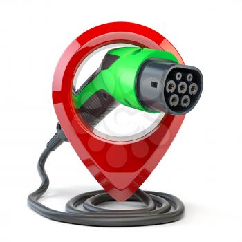 Electric car charging point location. Car charger power plug with pin isolated on white. 3d illustration