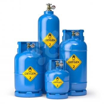 Oxygen gas tanks containers and cilinders of different size isolated on white. 3d illustration