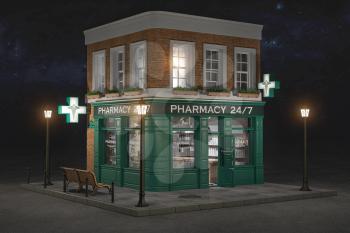 Pharmacy exterior open 24 7 day of week at night. 3d illustration