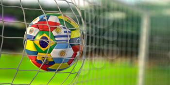 Soccer Football ball with flags of south america countries in net on football stadium. America championship 2021. 3d illustration