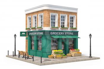 Grocery store shop in vintage style, fruit and vegetables crates on the street. 3d illustration