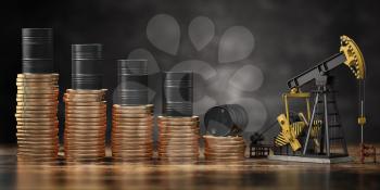 Oil pump jack and barrels on stacks of coins. Decrease of price of crude oil or oil explorati concept. Stock market of crude oil, investment. 3d illustration