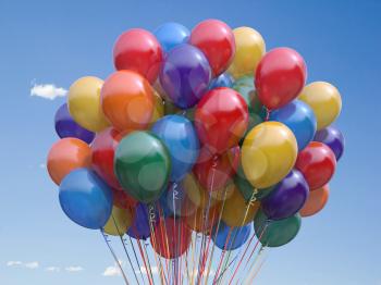 Colorful balloons bunch  floating in the sky. 3d illustration