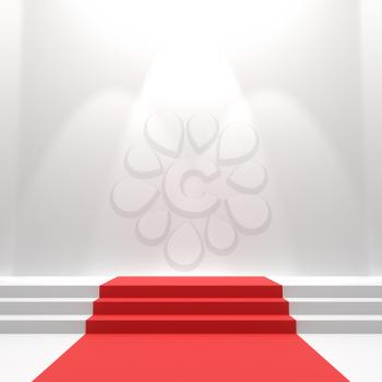 Red carpet on stairs. Empty white illuminated podium. Blank template illustration with space for an object, person, logo, text. Presentation, gala, ceremony, awards concept.