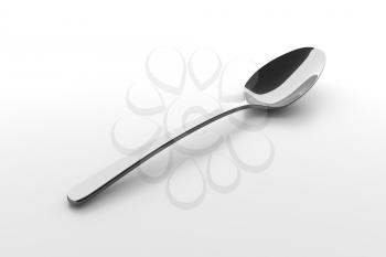 Silver spoon on a table. Fine cutlery on grey background. Single fork on a table. Silverware with shadow. 3D illustration.