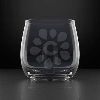 Empty Water Glass on black background. Drinking glassware. 3D illustration.