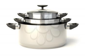 Stainless steel pots on white background. Set of three stacked cooking pots with glass see through lids. 3D illustration.