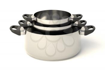 Stainless steel pots on white background. Set of three stacked cooking pots without lids. 3D illustration.