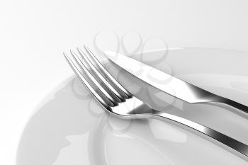 Fork and knife with plates. Serving table. Two empty plates ready for food. Photo realistic 3D illustration. Cutlery, kitchen silverware. For use in menu, restaurant printables, web site.