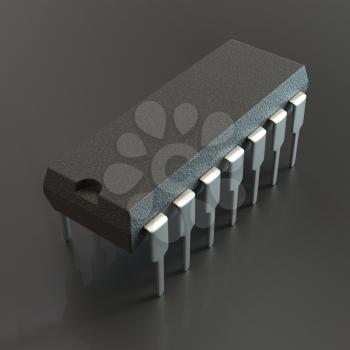 DIP chip package on black background. Technology, electronic industry, research and development, future gadgets concept.  