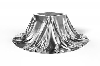 Box covered with silver fabric. Isolated on white background. Surprise, award, prize, presentation concept. Showroom stand. Reveal a hidden object. Raise the curtain. Photo realistic 3d illustration