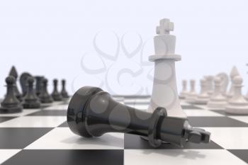 Two chess pieces on a chessboard. Black king laying down and white king standing up. Victory, competition, discussion, agreement and confrontation concept. 3D illustration.
