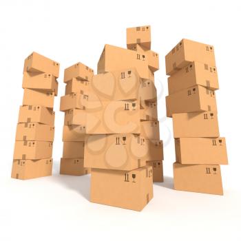 Retail, logistics, delivery, storage concept. Stacks of cardboard boxes isolated on white background. Side view with perspective. Abstract delivery symbol. Place for your text, logo. 3D illustration
