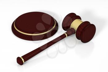 Wooden judge gavel and soundboard, isolated on white background. 3D illustration