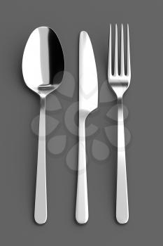 Fork, spoon and knife. Photo realistic 3D illustration. Cutlery, kitchen silverware. For use in menu, restaurant printables, web site.