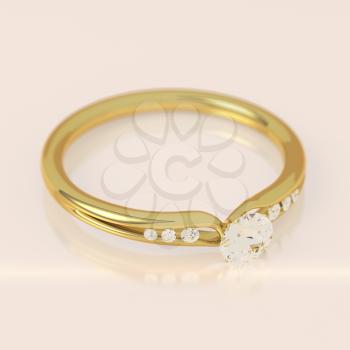 Diamond gold ring with one big and 6 small diamonds on soft pink background. Wedding or engagement ring. Beautiful fashion jewelry. Elegant advertisement template. Add your text. 3D illustration.