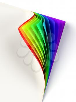 Blank document rainbow colored curled corner. Graphic design element. Poster template mockup. Business corporate identity. Diversity, love, equity, all colors of the rainbow concept. 3D illustration