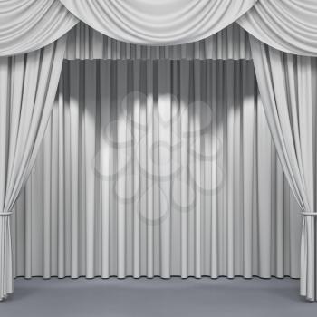 Wide stage curtains. Luxury wide velvet drapes, silk drapery. Realistic closed theatrical cinema curtain. Waiting for show, movie end, revealing new product, premiere, marketing concept. 3D illustration