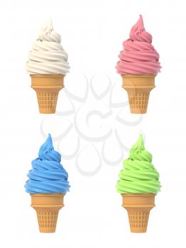Soft ice icecream in waffle cone set. Isolated on white background. Delicious flavor summer dessert. Graphic design element for advertisement, menu, scrapbooking, poster, flyer. 3D illustration
