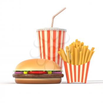 Fast food meal set on white background with shadow. Hamburger, french fries, cola in generic package with stripes. Graphic design element for restaurant advertisement, menu or poster. 3D illustration