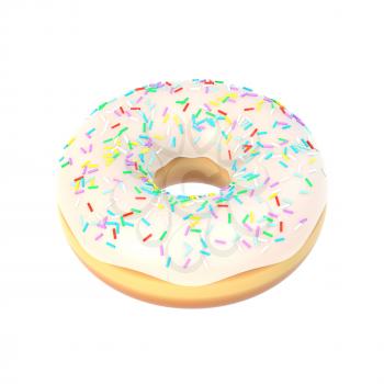 Delicious colorful donut with vanilla icing, sprinkles. Macro view of sweet american dessert isolated on white background. Graphic design element for bakery flyer, poster, scrapbook. 3D illustration