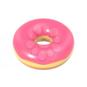 Delicious colorful donut with pink icing and sprinkles. Macro view of sweet american dessert isolated on white background. Graphic design element for bakery flyer, poster, scrapbook. 3D illustration.
