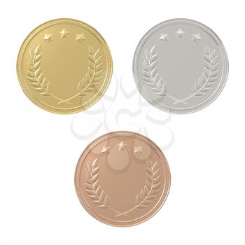 Gold, silver, bronze medals set. 1st, 2nd, 3rd place. Sports award, product ranking, best price, first place concept. Graphic design elements isolated on white background. Realistic 3D illustration