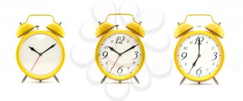 Set of 3 alarm clocks isolated on white background. Vintage style yellow clock with clean face, numbers, ringing clock. Graphic design element. Deadline, wake up, happy hour concept. 3D illustration